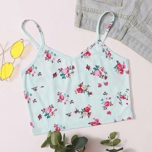 Womens Roses Floral Print Spaguetti Strap Cami Tank Crop Top Size L/G